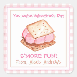 Wasserfarbe Pink Gingham S'mores Valentine Quadratischer Aufkleber