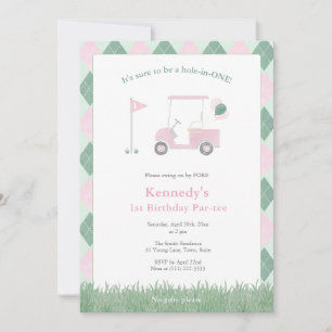 Wasserfarbe Pink Grün Golf Mädchen 1. Geburtstagsf Einladung