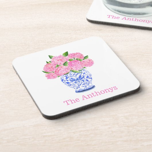 Wasserfarbe Pink Hydrangea Chinoiserie Name Getränkeuntersetzer (Linke Seite)
