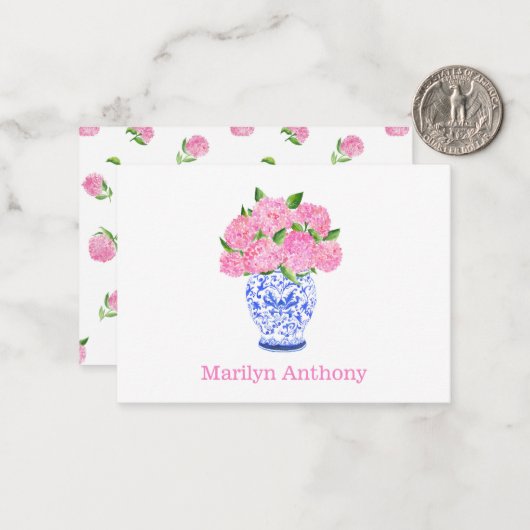 Wasserfarbe Pink Hydrangea Chinoiserie Name Mitteilungskarte (Vorderseite/Rückseite Beispiel)