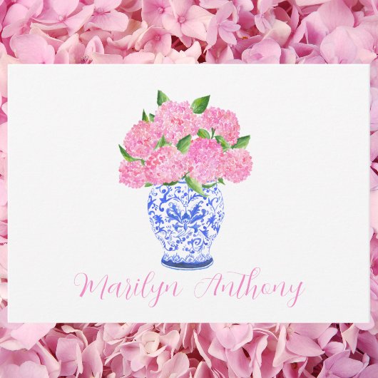 Wasserfarbe Pink Hydrangea Chinoiserie Name Mitteilungskarte