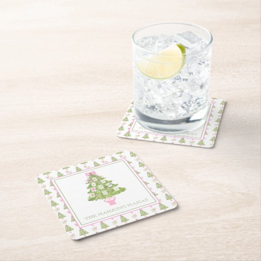 Wasserfarbe Pink Mahjong Weihnachtsbaum Party Rechteckiger Pappuntersetzer (Vor Ort)