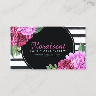 Wasserfarbe PInk Peonies Schwarze und Weiße Streif Visitenkarte