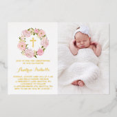 Wasserfarbe Pink Peony Wreath Foto Christening Folieneinladung (Vorderseite)