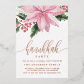 Wasserfarbe Pink Poinsettia Holly Hanukkah Party Folieneinladung (Vorderseite)