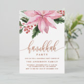 Wasserfarbe Pink Poinsettia Holly Hanukkah Party Folieneinladung (Stehend vorne)
