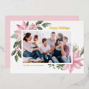 Wasserfarbe Pink Poinsettias Happy Holidays Foto Folien Feiertagskarte