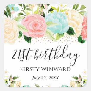 Wasserfarbe Pink und Mint Blumen Geburtstag Quadratischer Aufkleber