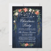 Wasserfarbe Poinsettia Blau Holz Lichter Weihnacht Einladung (Vorderseite)