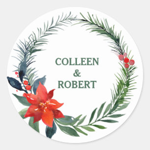 Wasserfarbe Poinsettia Blume Rote Berries Hochzeit Runder Aufkleber