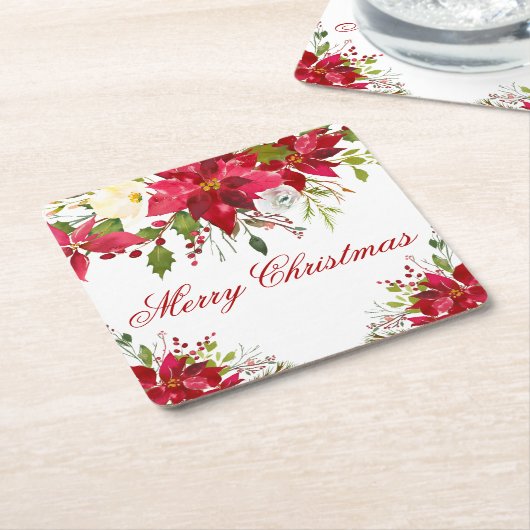 Wasserfarbe Poinsettia Floral Frohe Weihnachten Rechteckiger Pappuntersetzer (angewinkelt)