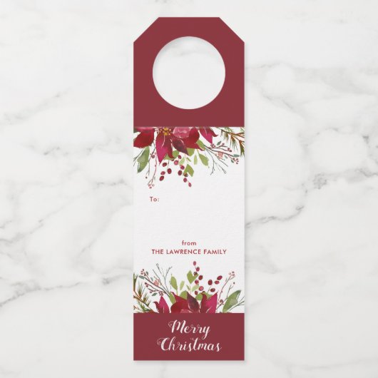 Wasserfarbe Poinsettia Frohe Weihnachtsgeschenke Flaschenanhänger (Vorderseite)