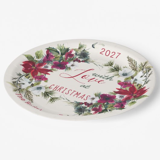 Wasserfarbe Poinsettia, heilig, Kiefer Weihnachten Pappteller (Schrägansicht)