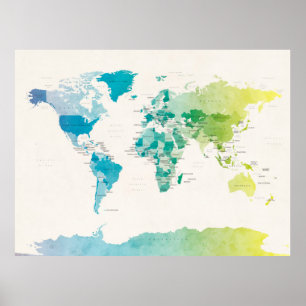 Wasserfarbe-politische Karte der Welt Poster