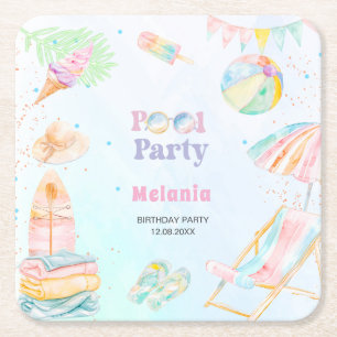 Wasserfarbe Poolparty Geburtstagssommer Papier Rechteckiger Pappuntersetzer