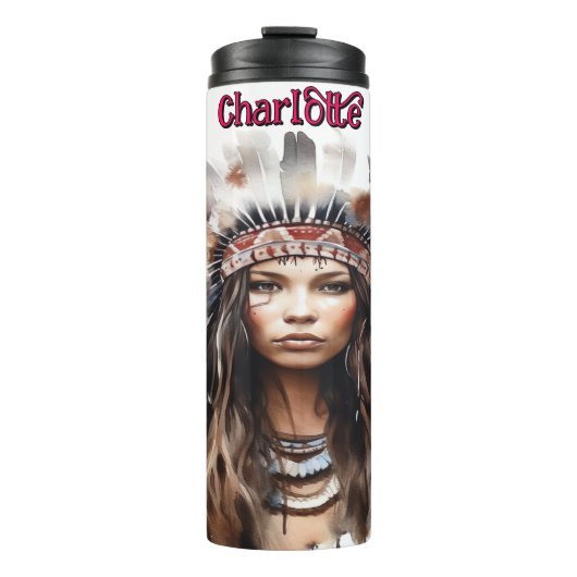 Wasserfarbe Portrait Native Featherheadresse Thermosbecher (Vorderseite)
