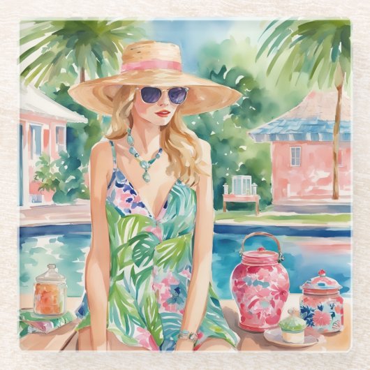 Wasserfarbe Preppy Palm Beach Girl am Pool Glasuntersetzer (Vorderseite)