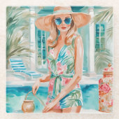 Wasserfarbe Preppy Palm Beach Girl am Pool Glasuntersetzer (Vorderseite)