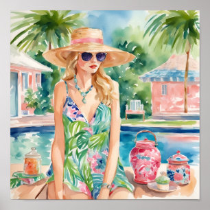 Wasserfarbe Preppy Palm Beach Girl am Pool Poster