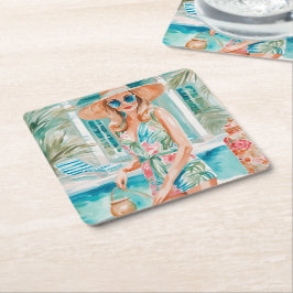 Wasserfarbe Preppy Palm Beach Girl am Pool Rechteckiger Pappuntersetzer