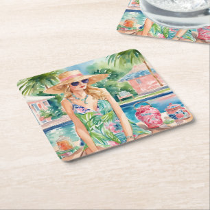 Wasserfarbe Preppy Palm Beach Girl am Pool Rechteckiger Pappuntersetzer
