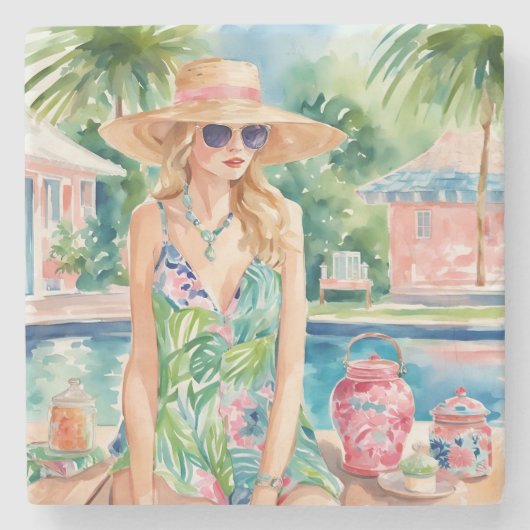 Wasserfarbe Preppy Palm Beach Girl am Pool Steinuntersetzer (Vorderseite)