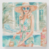 Wasserfarbe Preppy Palm Beach Girl am Pool Steinuntersetzer (Vorderseite)