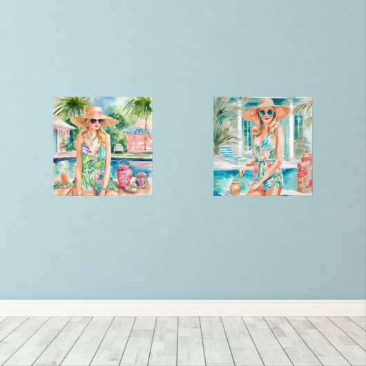 Wasserfarbe Preppy Palm Beach Girls am Pool Bilderwand Sets (Holzboden)