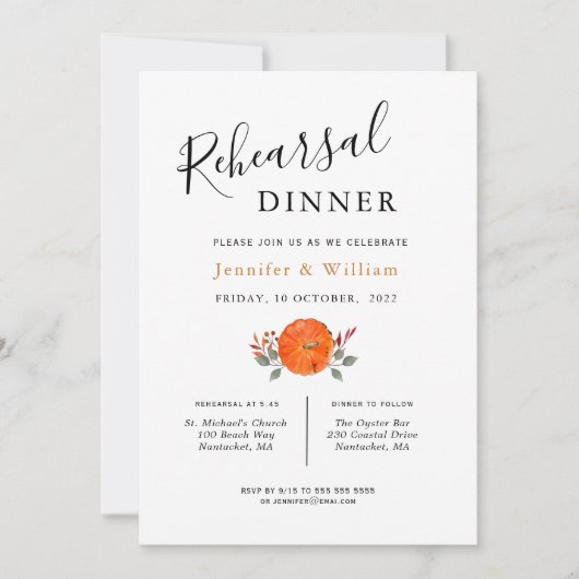 Wasserfarbe Pumpkin Hochzeit Probe Abendessen Ankündigung (Vorderseite)