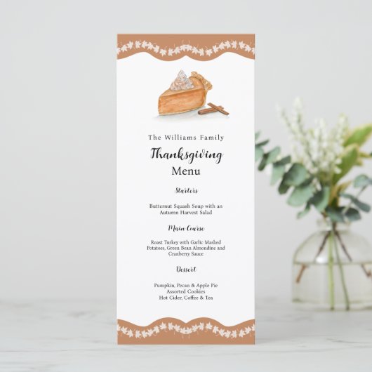 Wasserfarbe Pumpkin Kuchen Ahorn Blätter Erntedank Menükarte (Stehend Vorderseite)