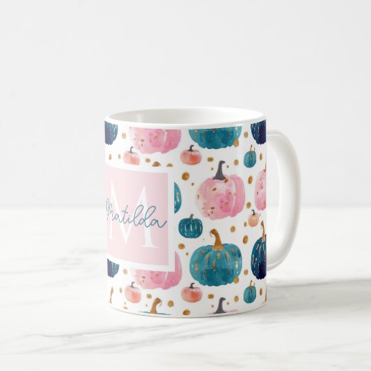 Wasserfarbe Pumpkin Muster mit Namen Kaffeetasse (VorderseiteRechts)