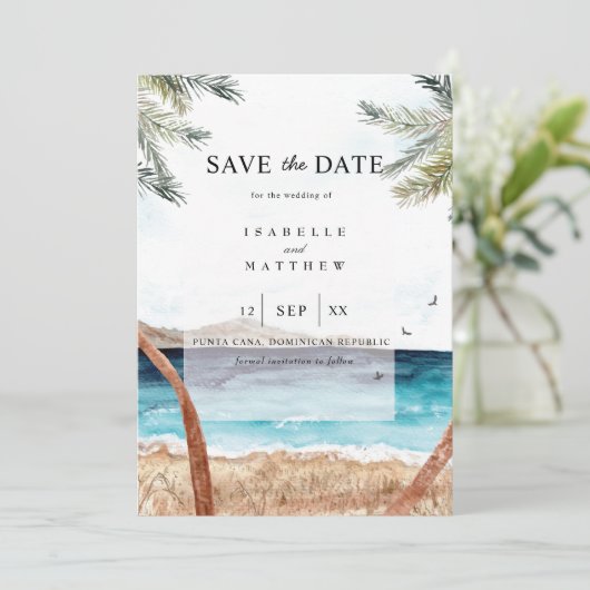 Wasserfarbe Punta Cana Tropical Beach Save the Dat Einladung (Stehend Vorderseite)