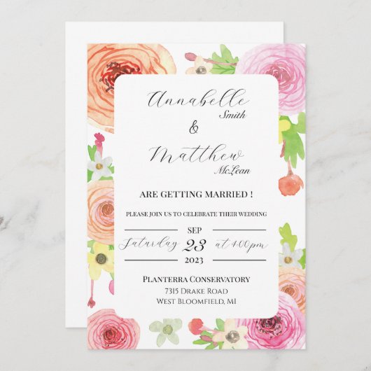 Wasserfarbe Ranunculus Blume Hochzeit Einladung (Vorne/Hinten)