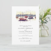 Wasserfarbe Red Blue Sailboats Hochzeit im Hafen Einladung (Stehend Vorderseite)