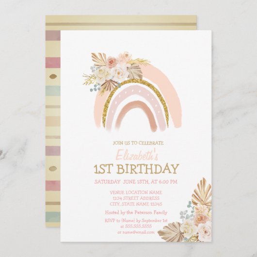 Wasserfarbe Regenbogen Boho Blume Streifen Geburts Einladung (Vorne/Hinten)