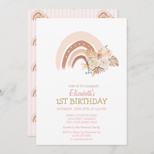 Wasserfarbe Regenbogen Boho Blume Streifen Geburts Einladung (Vorne/Hinten)