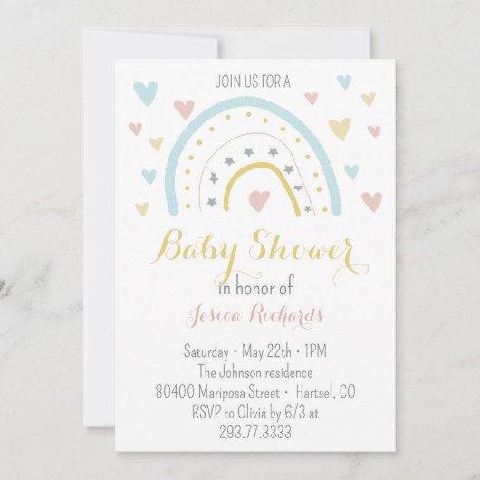 Wasserfarbe Regenbogen hart pink blau Baby Dusche Einladung (Vorderseite)