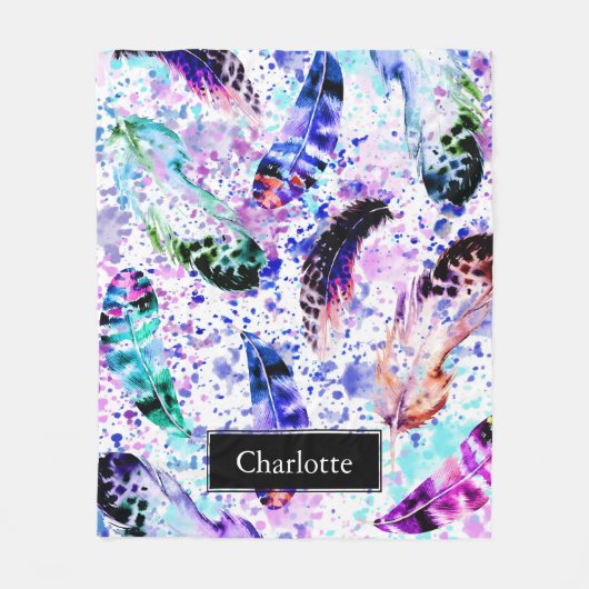 Wasserfarbe Regenbogen Splash Boho Feathers mit Na Fleecedecke (Vorderseite)