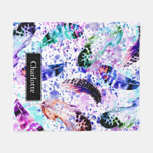 Wasserfarbe Regenbogen Splash Boho Feathers mit Na Fleecedecke (Vorderseite (Horizontal))