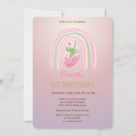 Wasserfarbe Regenbogen Strawberry Glitzer Geburtst Einladung (Vorderseite)
