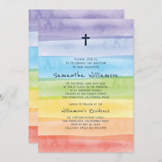 Wasserfarbe Regenbogen Taufe Einladung (Vorne/Hinten)