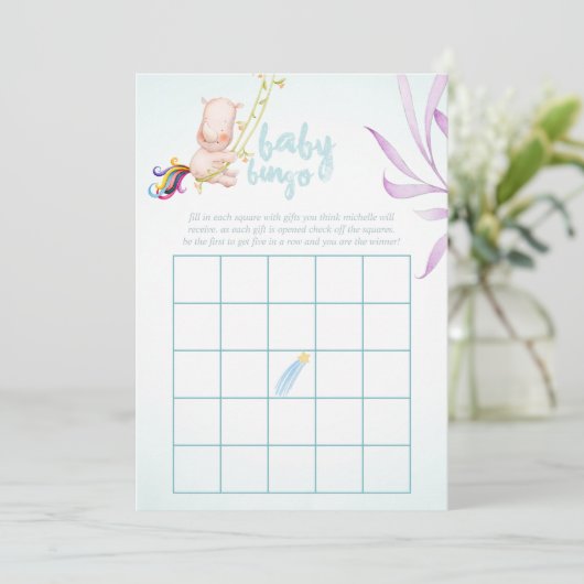 Wasserfarbe Rhino Unicorn Kindermädchen Bingo Einladung (Stehend Vorderseite)