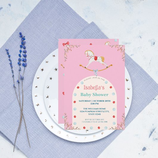 Wasserfarbe Rocking Pferd Pink Baby Dusche Einladung