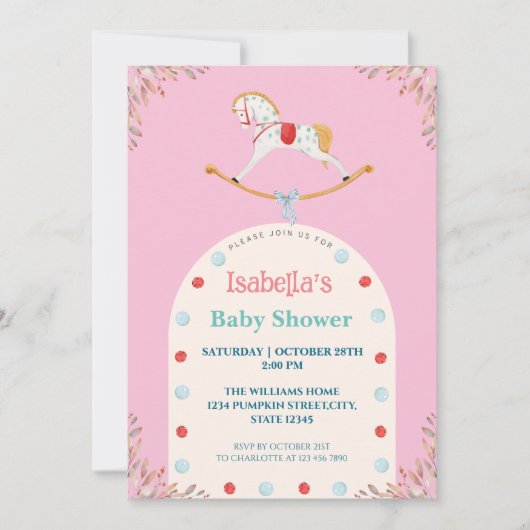 Wasserfarbe Rocking Pferd Pink Baby Dusche Einladung (Vorderseite)
