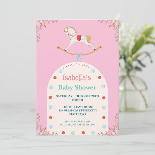 Wasserfarbe Rocking Pferd Pink Baby Dusche Einladung (Stehend Vorderseite)