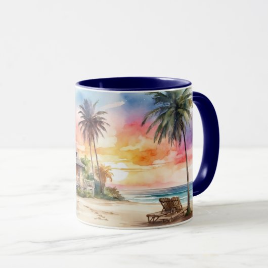 Wasserfarbe Romantischer Sonnenuntergang Strand un Tasse (VorderseiteRechts)