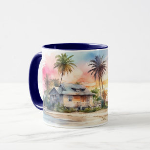 Wasserfarbe Romantischer Sonnenuntergang Strand un Tasse