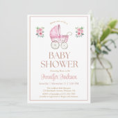 Wasserfarbe Rosa Bläserbaby Carriage Showdusche Einladung (Stehend Vorderseite)