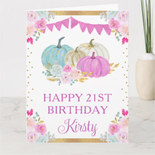 Wasserfarbe Rosa Blaue Florale Kürbisse Geburtstag Karte