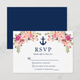 Wasserfarbe Rosa Blumenanker Hochzeit Blau RSVP Karte